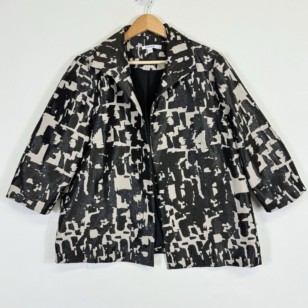 Chico's Open Front Jacket Women 2 Large Black Cream Abstract Sequin Modern Chic